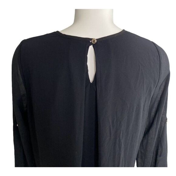 Another Story Tunic Blouse Top Women's MEDIUM Black Sheer Overlay Roll-Tab Scoop - Picture 4 of 10